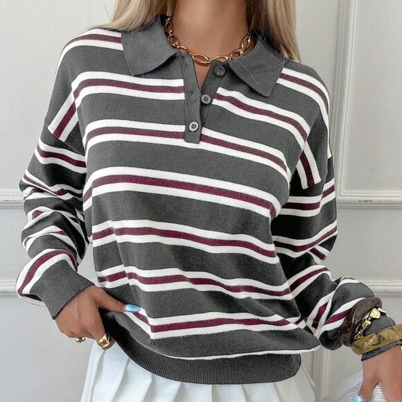 Dark Grey Women's Striped collar knit Sweater top - Picture 6 of 6